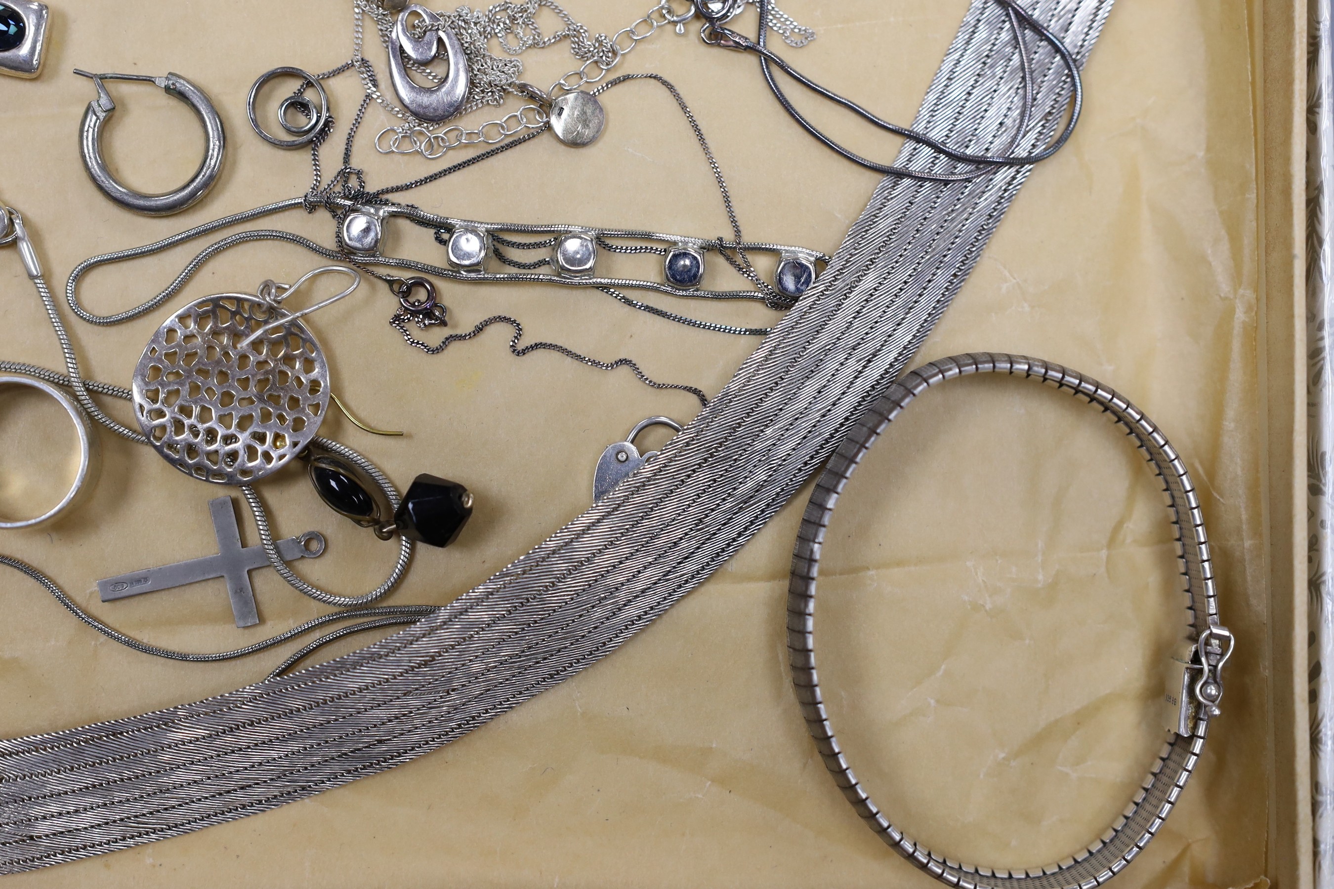 A collection of assorted silver and white metal jewellery, including marcasite